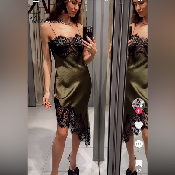 Zara Asymmetrical Satin Effect Lace Dress ZW Collection GREEN XL - Picture 6 of 10